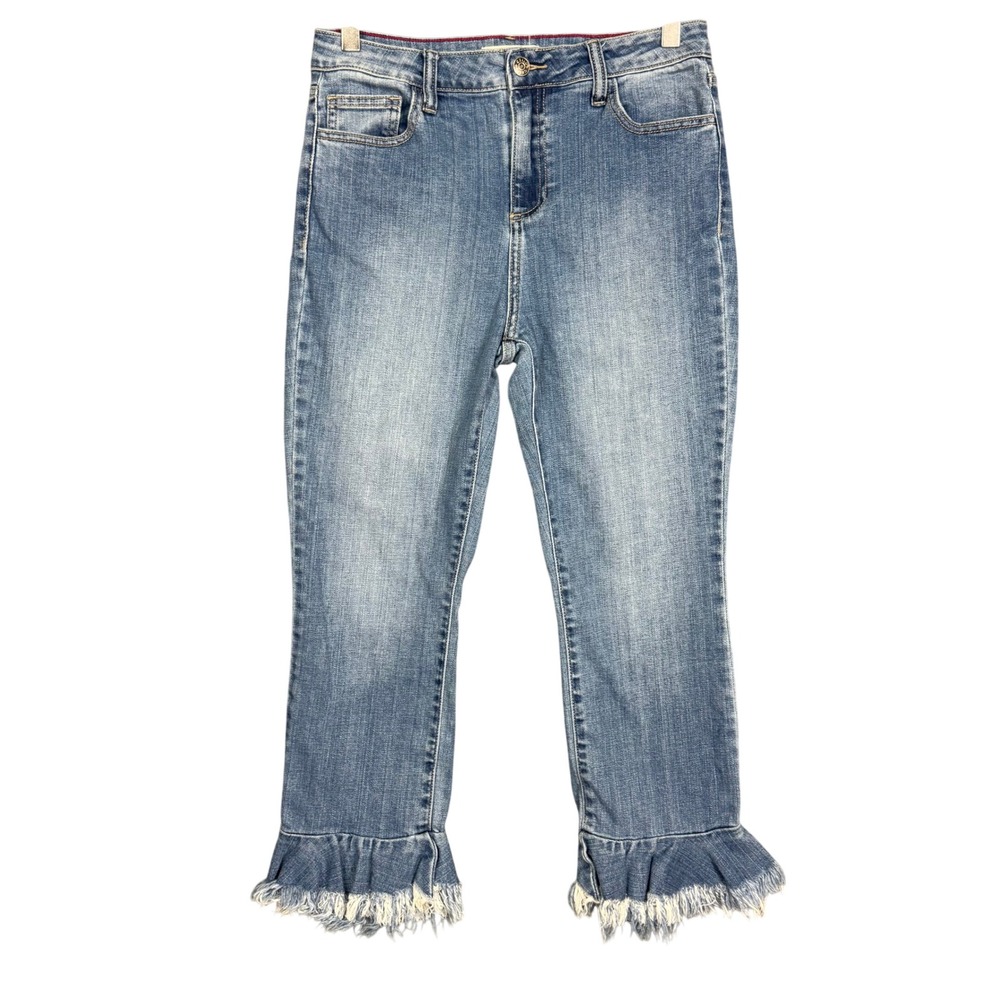 Cello Jeans Juniors 7 Blue Medium Wash Ruffle Frayed Hem Cropped Cotton Stretch